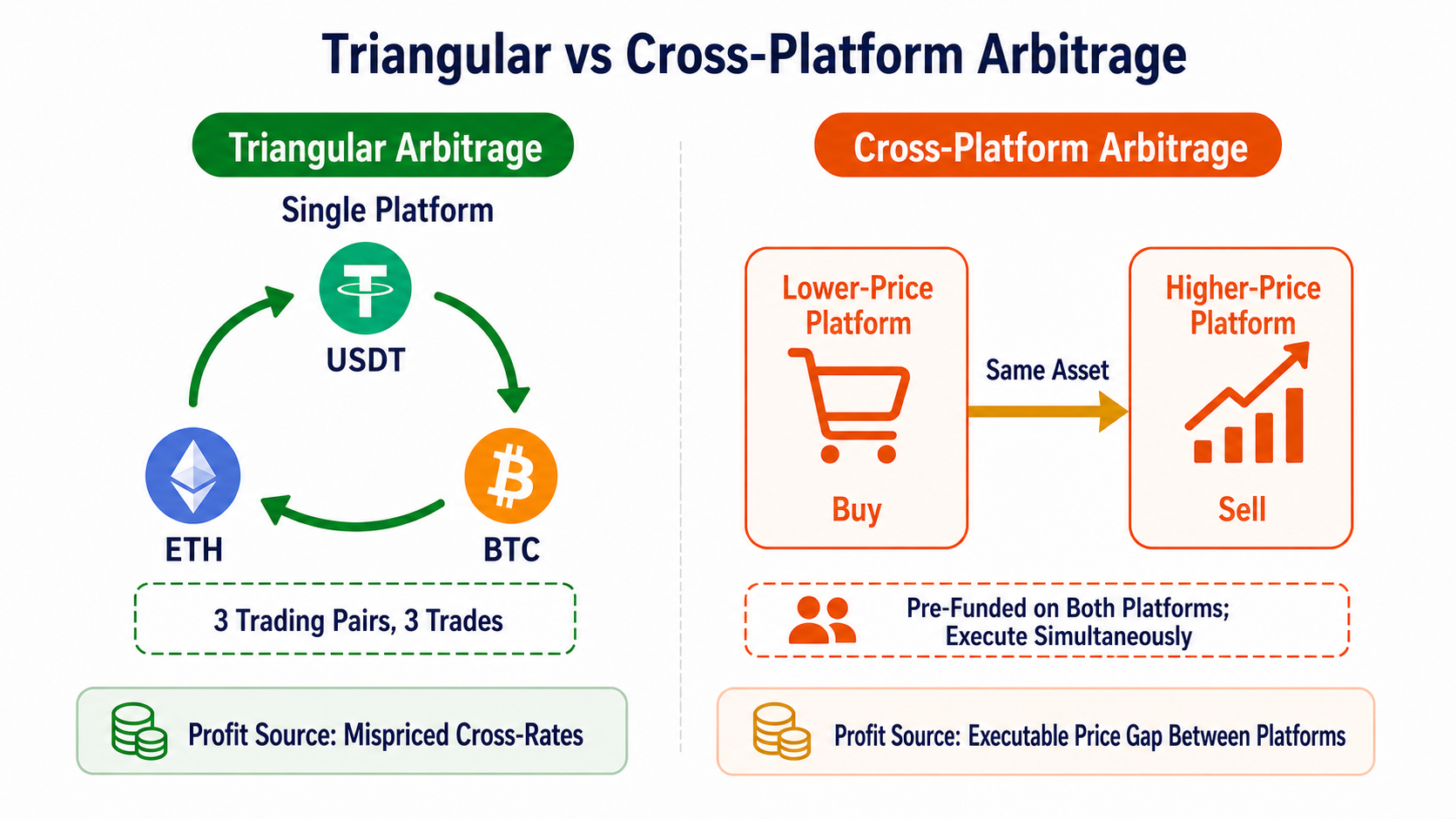 Comparison of triangular and cross-platform arbitrage: a three-asset cycle on one platform versus buying low and selling high across two platforms