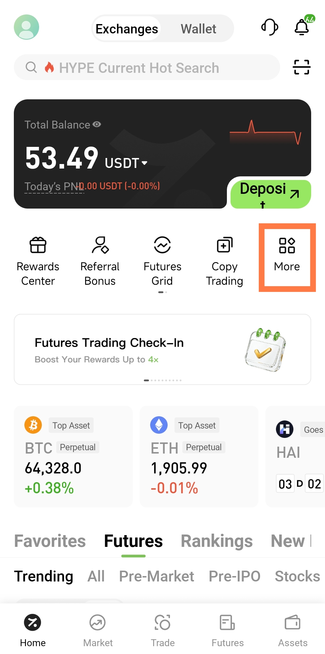 More entry on the Hotcoin app home screen