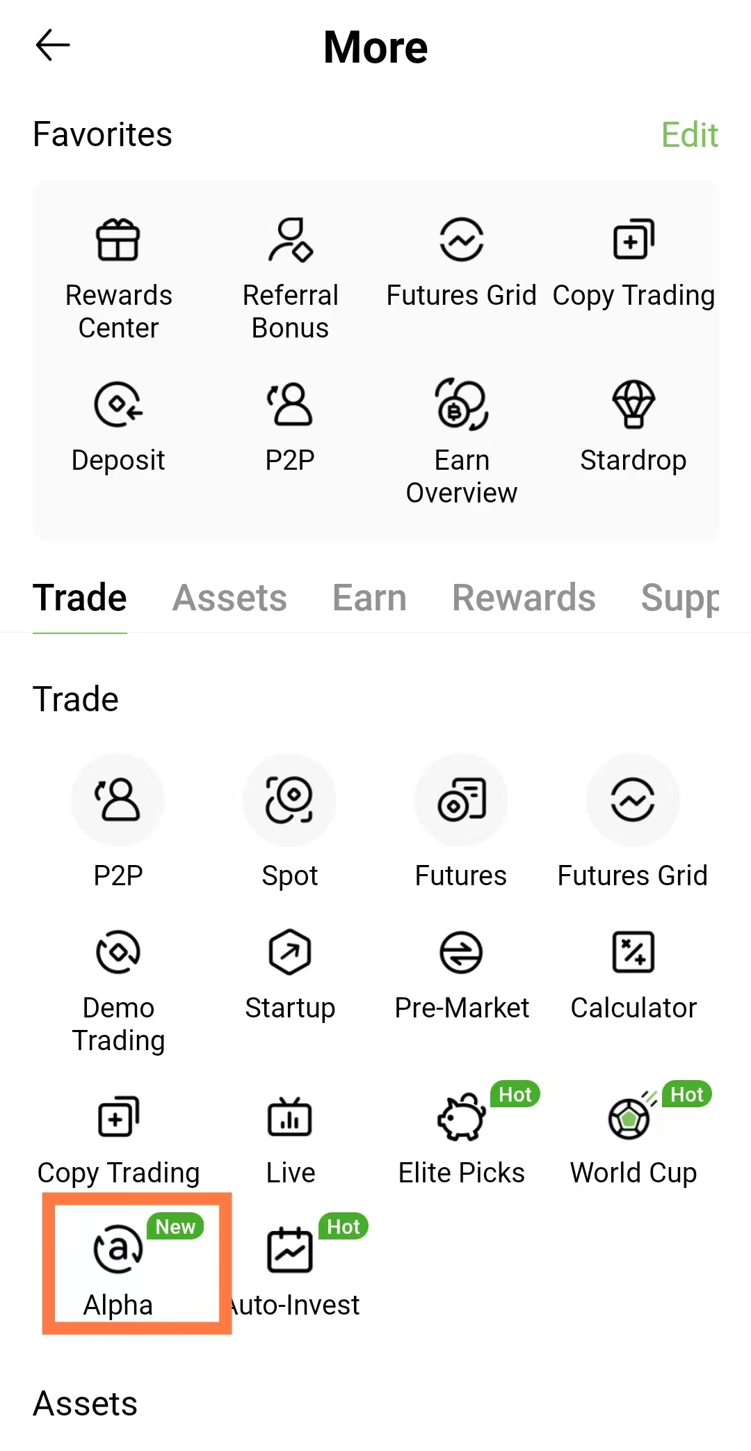 Alpha entry on the Hotcoin app More page