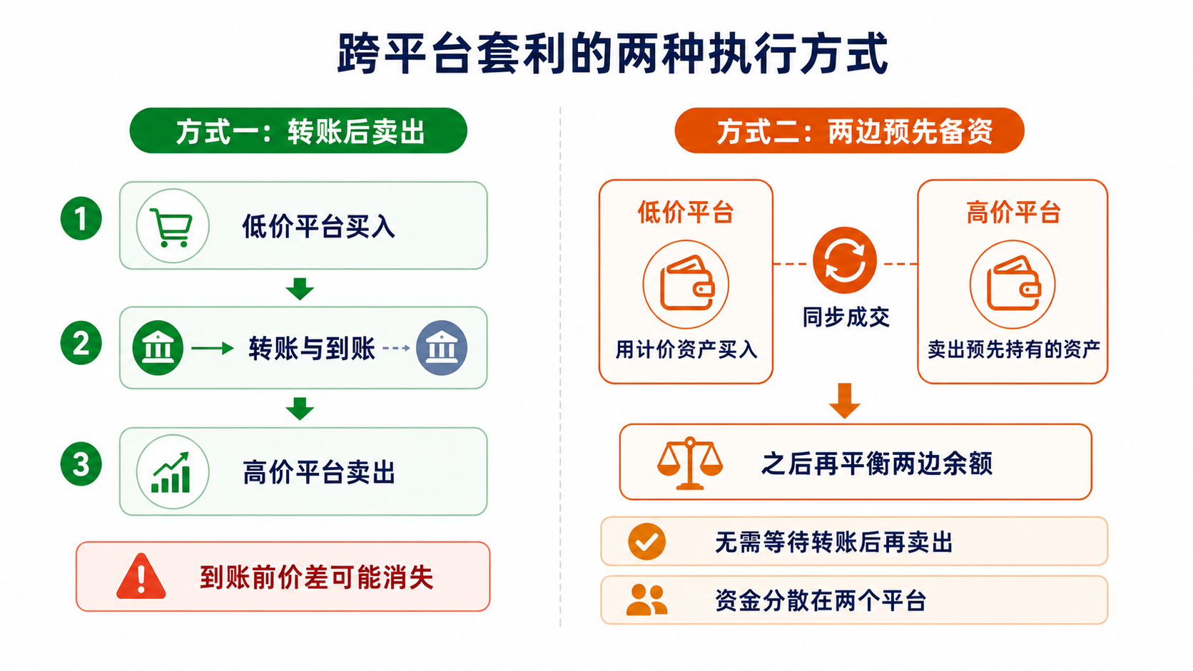 跨平台套利两种执行方式:转账到账后卖出,或在两个平台预先备资并同步成交