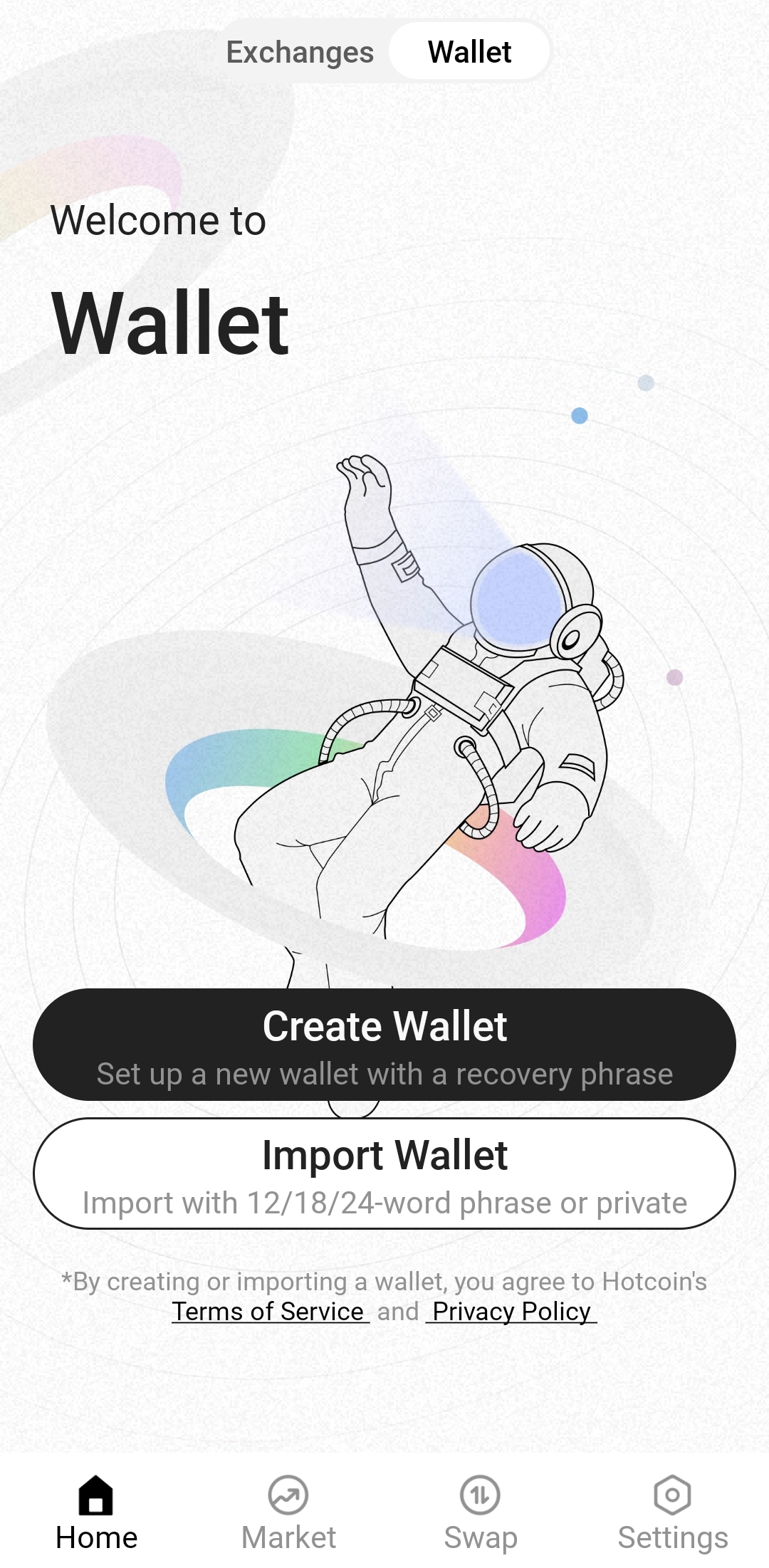 Hotcoin Web3 Wallet create or import screen