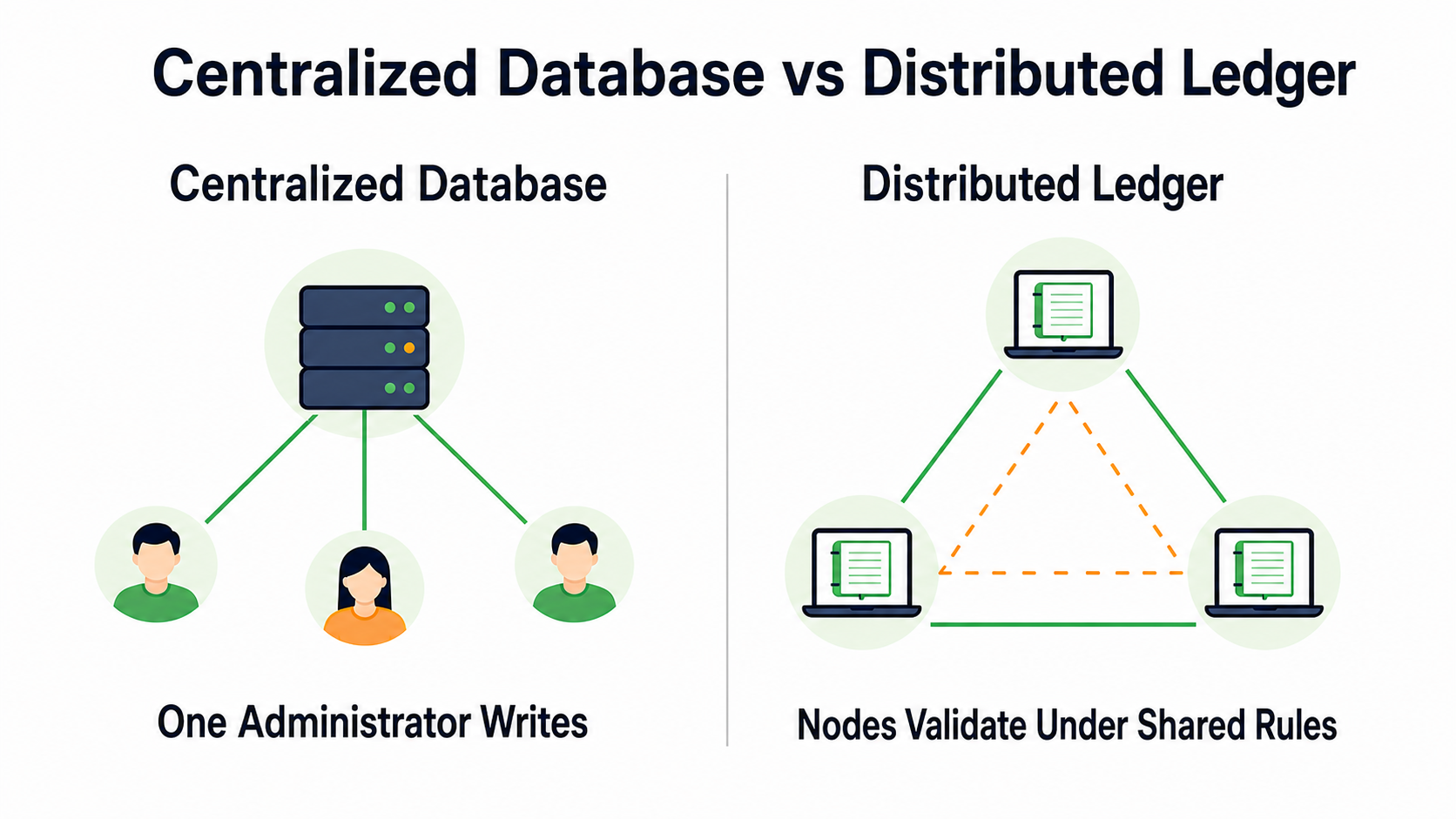 Centralized databases versus distributed ledgers: one administrator writes data versus multiple nodes validating it together