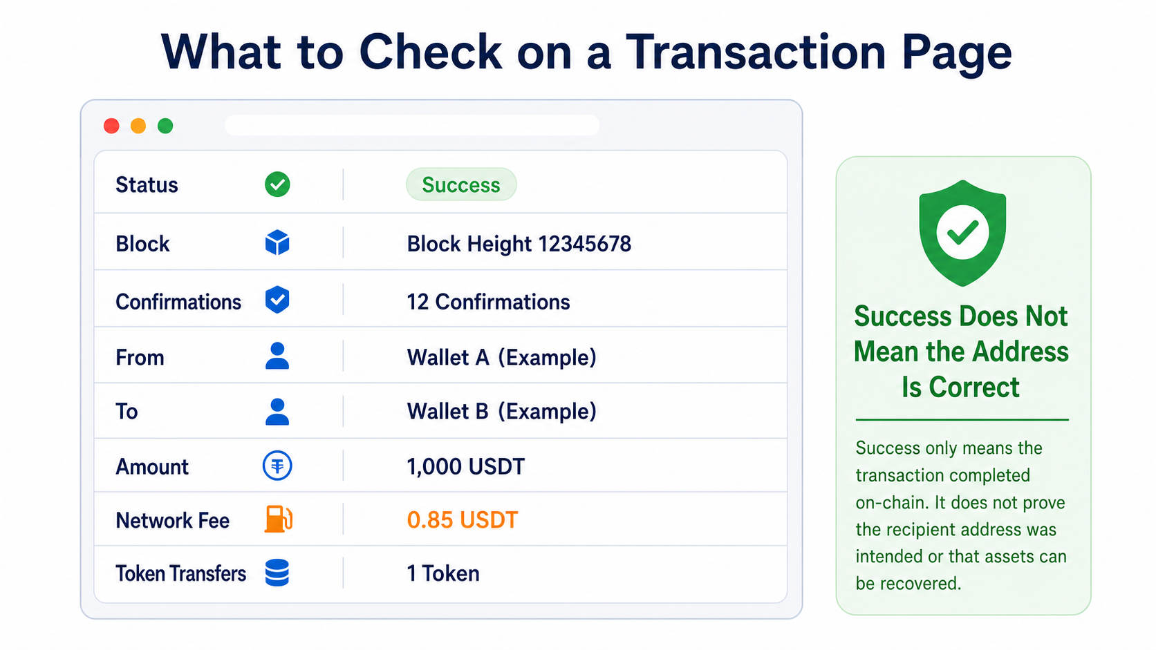 Key transaction details: status, block, confirmations, sender, recipient, amount, fees, and token records