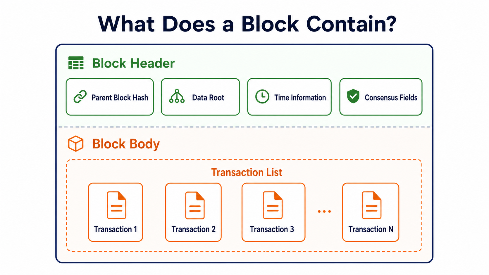 Block anatomy: the header contains the parent block hash, data roots, and consensus fields, while the body stores the transaction list