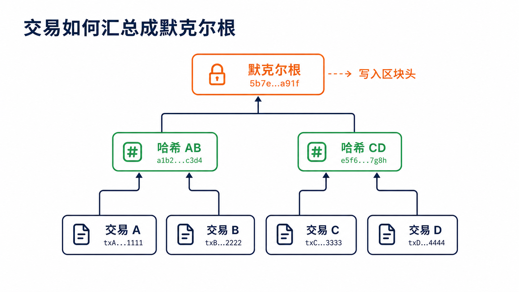 默克尔树结构:多笔交易逐层计算哈希并汇总成区块头中的默克尔根