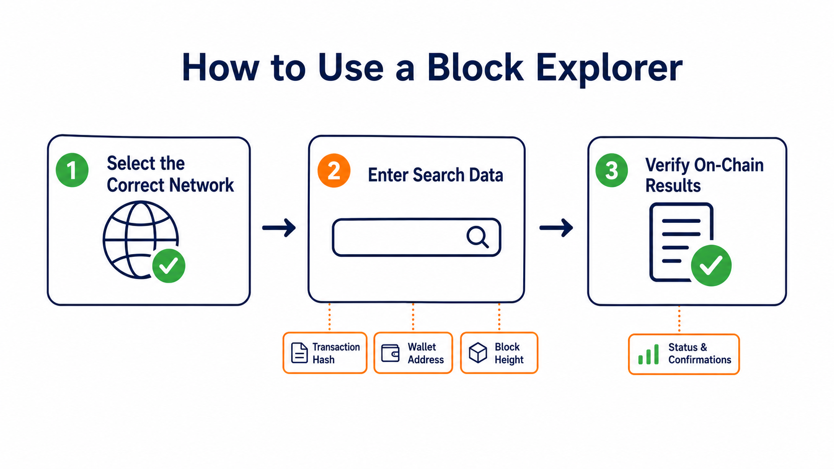 Blockchain explorer search flow: select the network, then search by transaction hash, address, or block information
