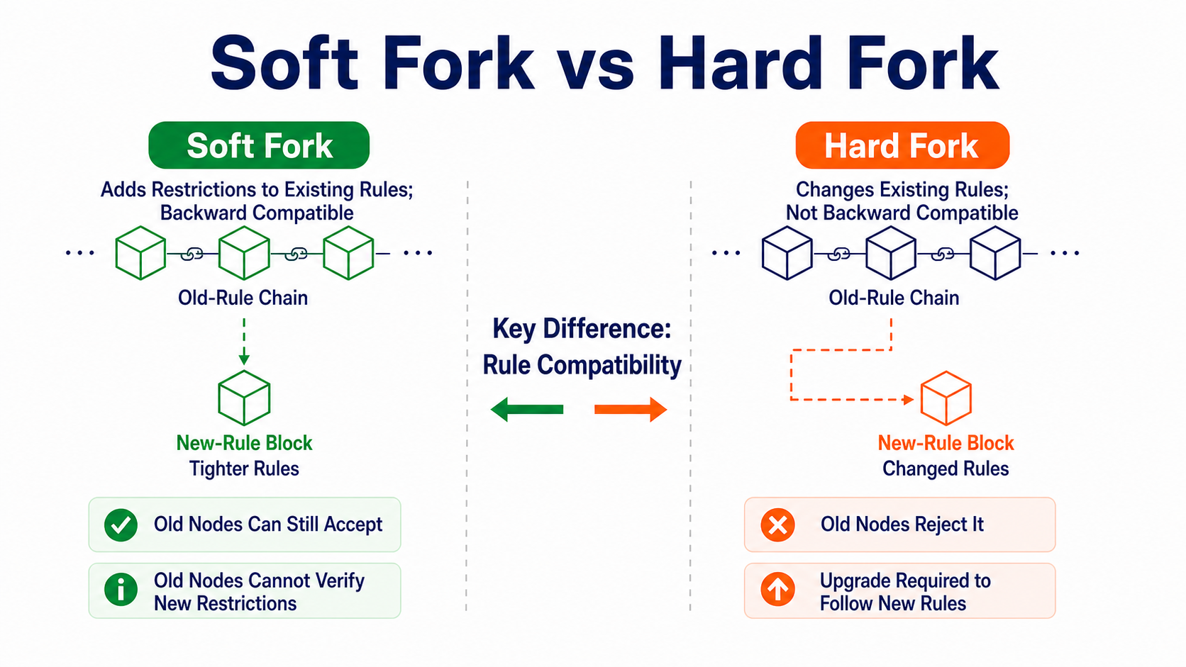 Soft fork and hard fork comparison: whether old nodes accept blocks produced under the new rules and how compatibility changes after the upgrade