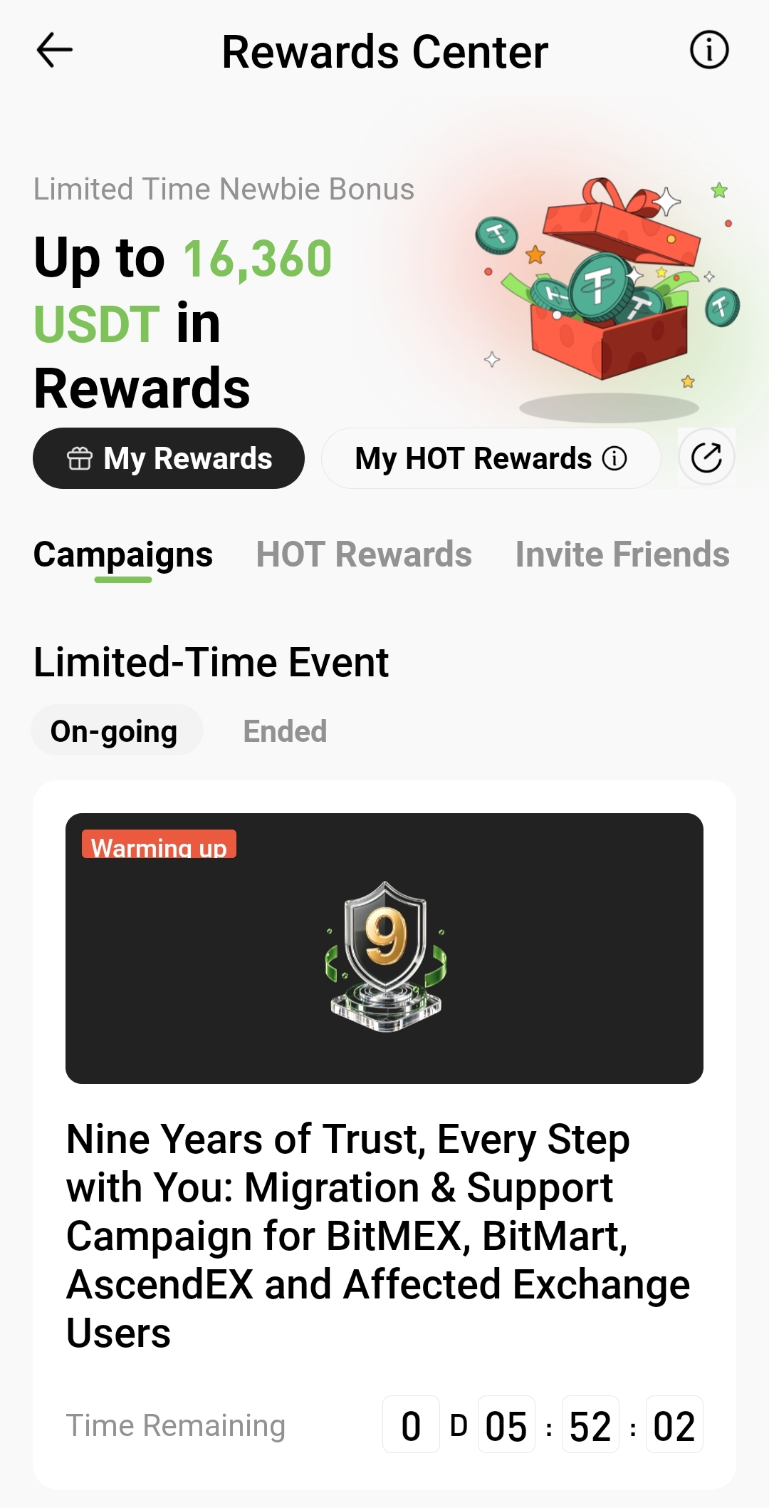 Hotcoin App Rewards Center page
