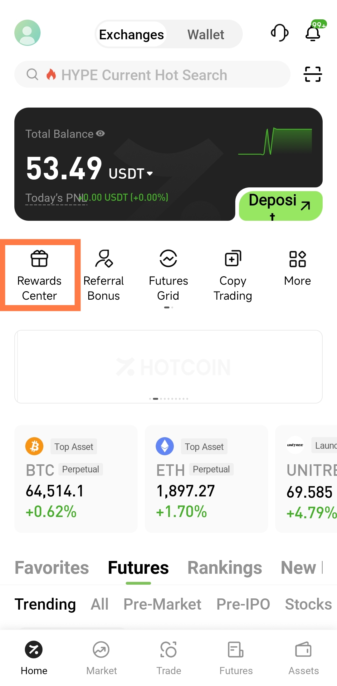 Rewards Center entry on the Hotcoin App homepage