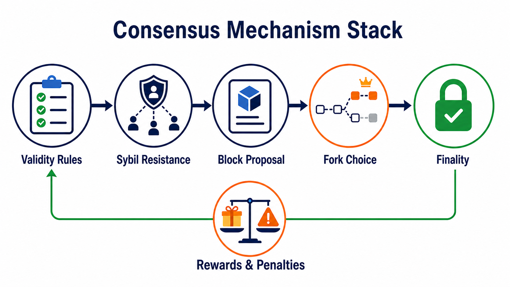 The blockchain consensus mechanism stack: validity rules, Sybil resistance, block proposal, fork choice, finality, and rewards and penalties