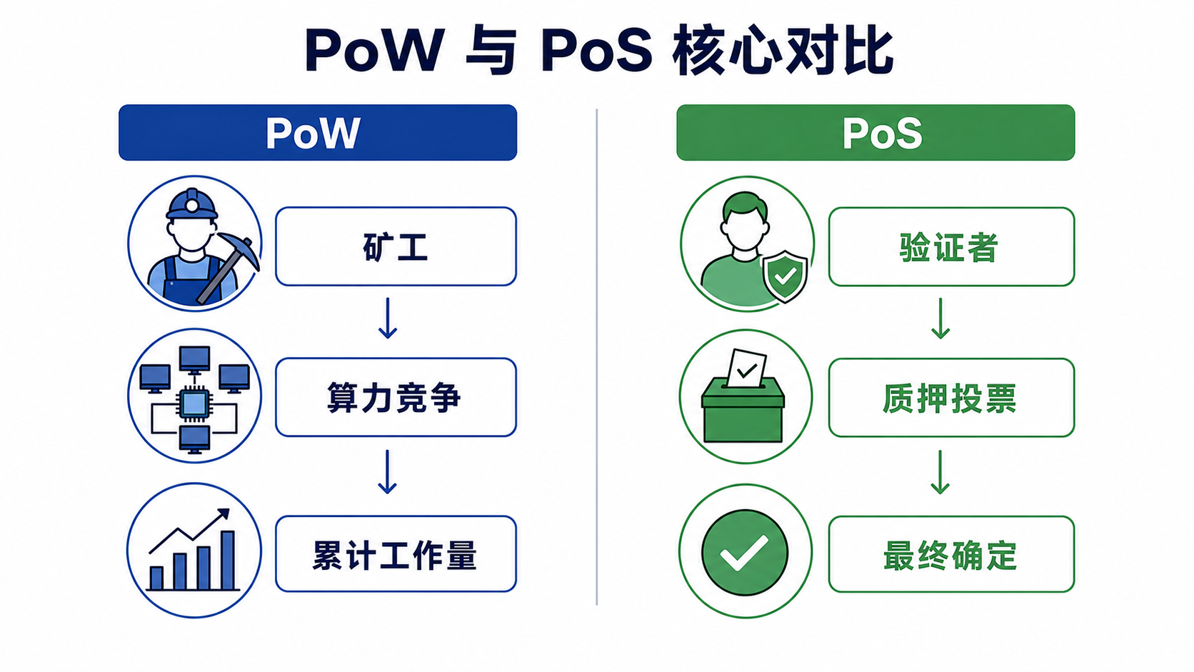 PoW 与 PoS 核心流程对比:矿工算力竞争和验证者质押投票
