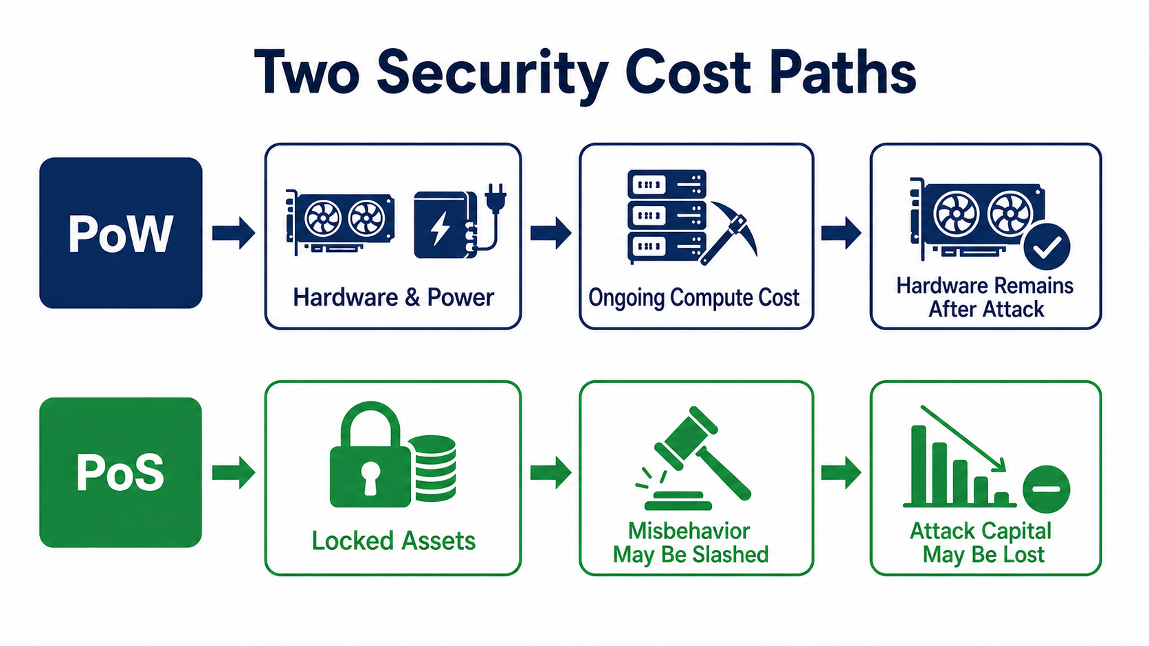 PoW and PoS attack-cost paths: ongoing external resource costs versus slashable capital at stake