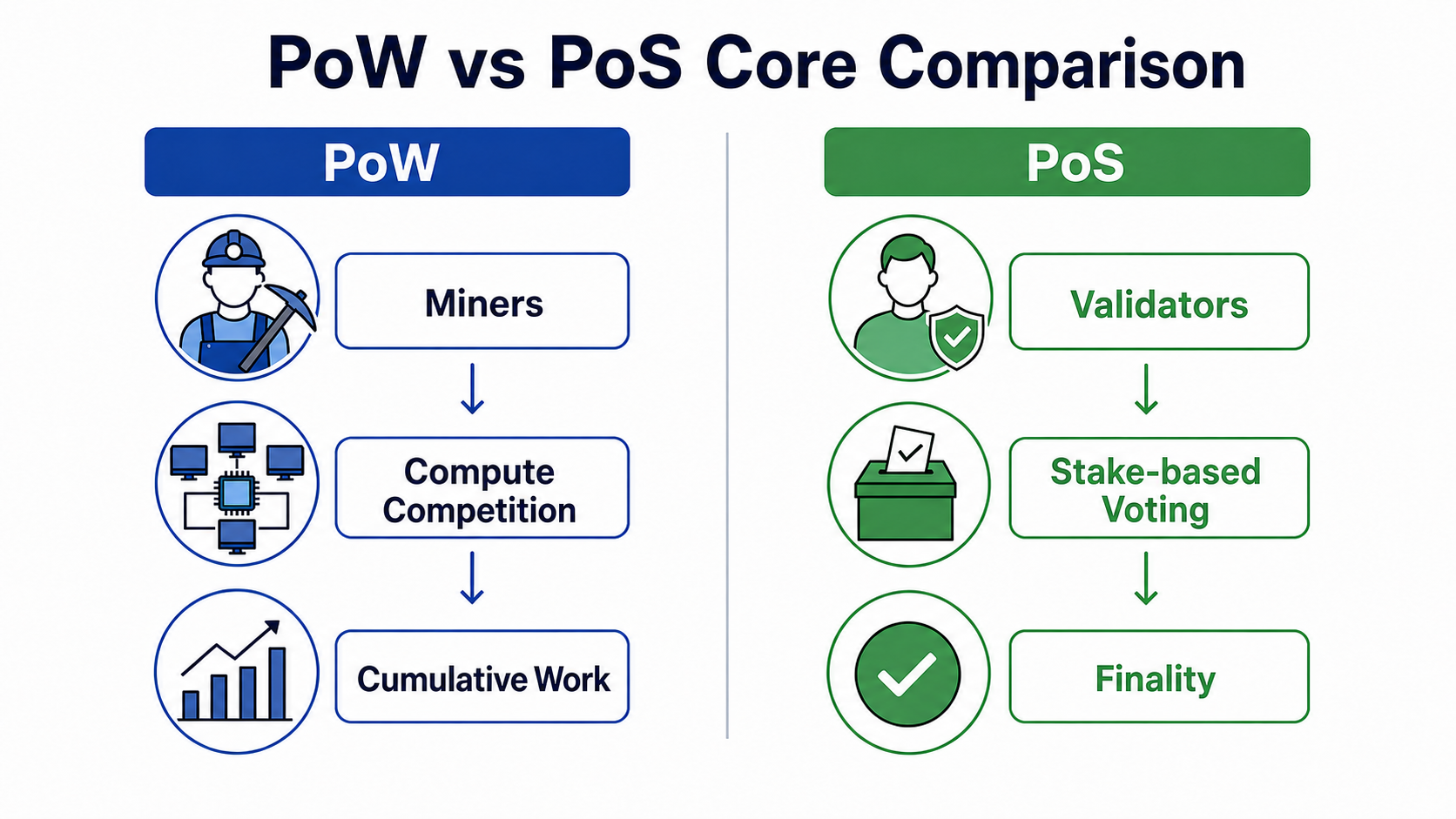 Core PoW and PoS workflows: miners compete with computing power while validators vote with stake