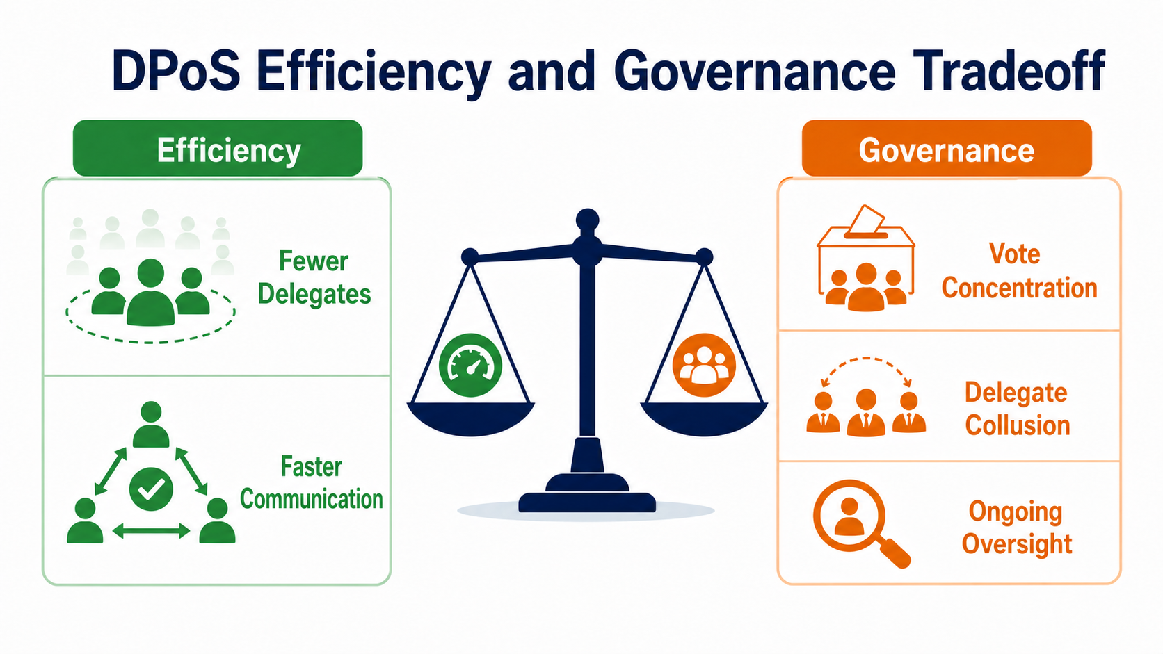 DPoS efficiency and governance tradeoff: fewer delegates reduce communication costs but increase the risks of concentrated voting power and collusion