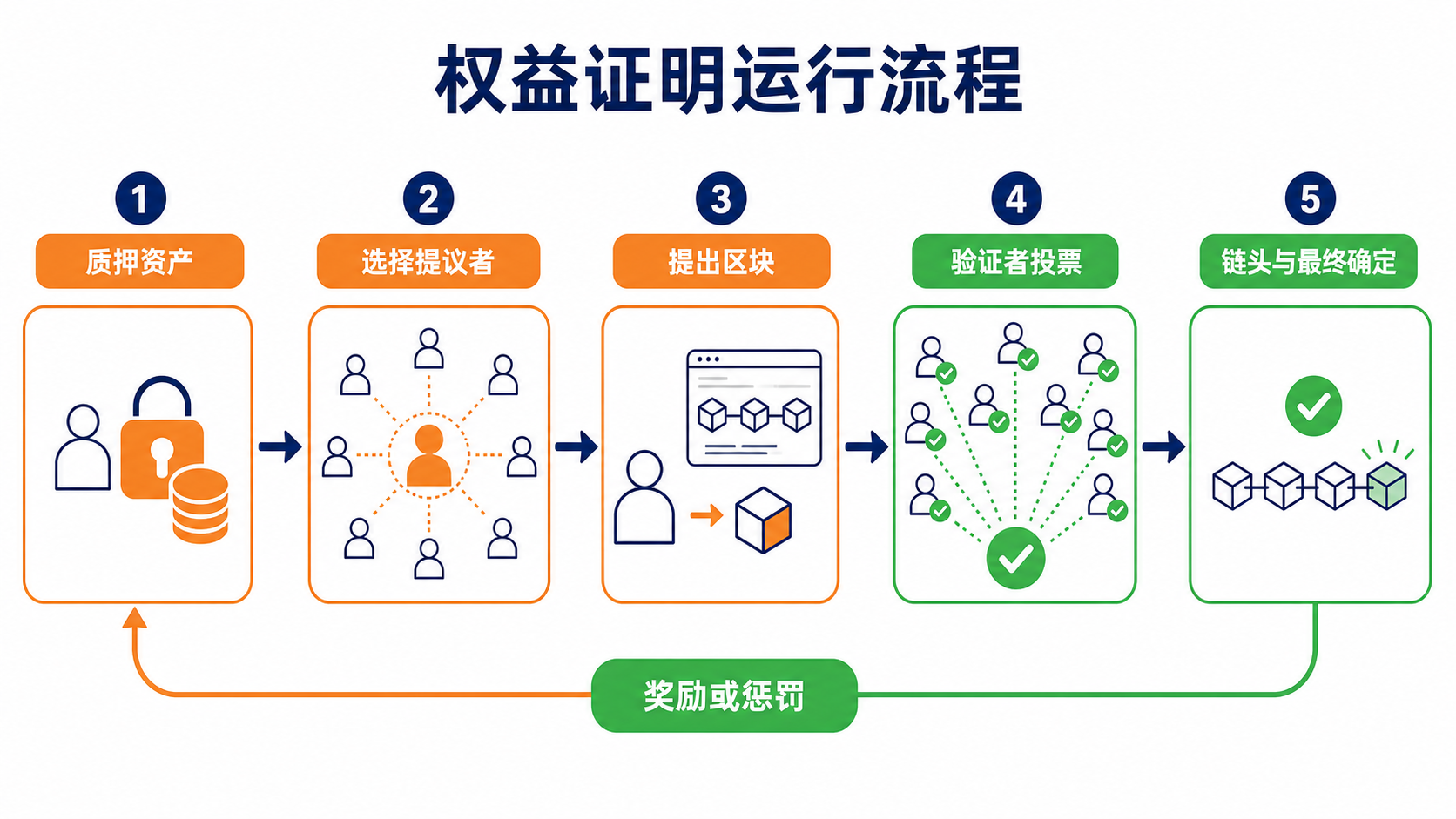 权益证明运行流程:验证者质押、提议区块、其他验证者投票、分叉选择与最终确定