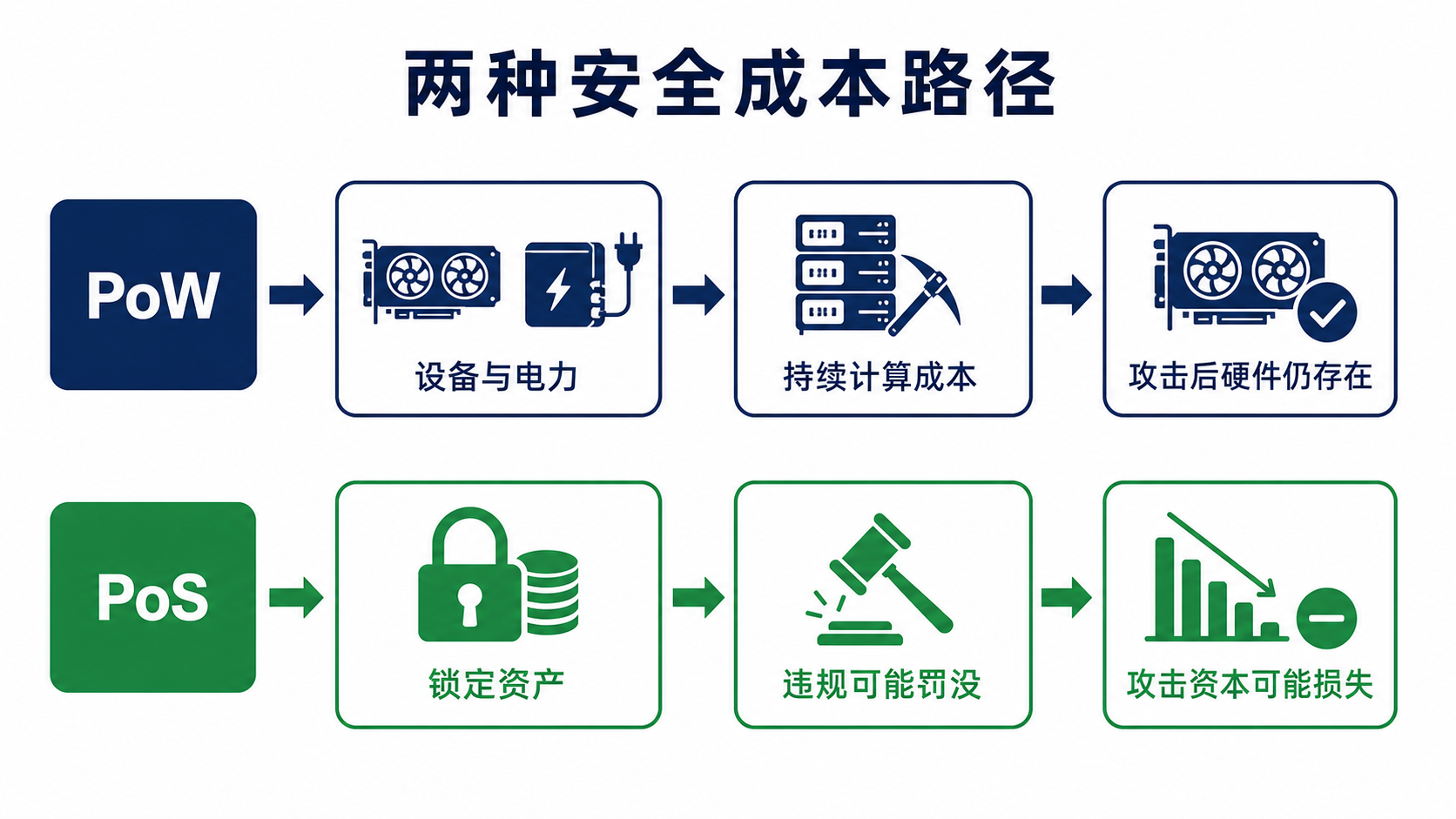 PoW 与 PoS 攻击成本路径:持续外部资源成本和可罚没在押资本