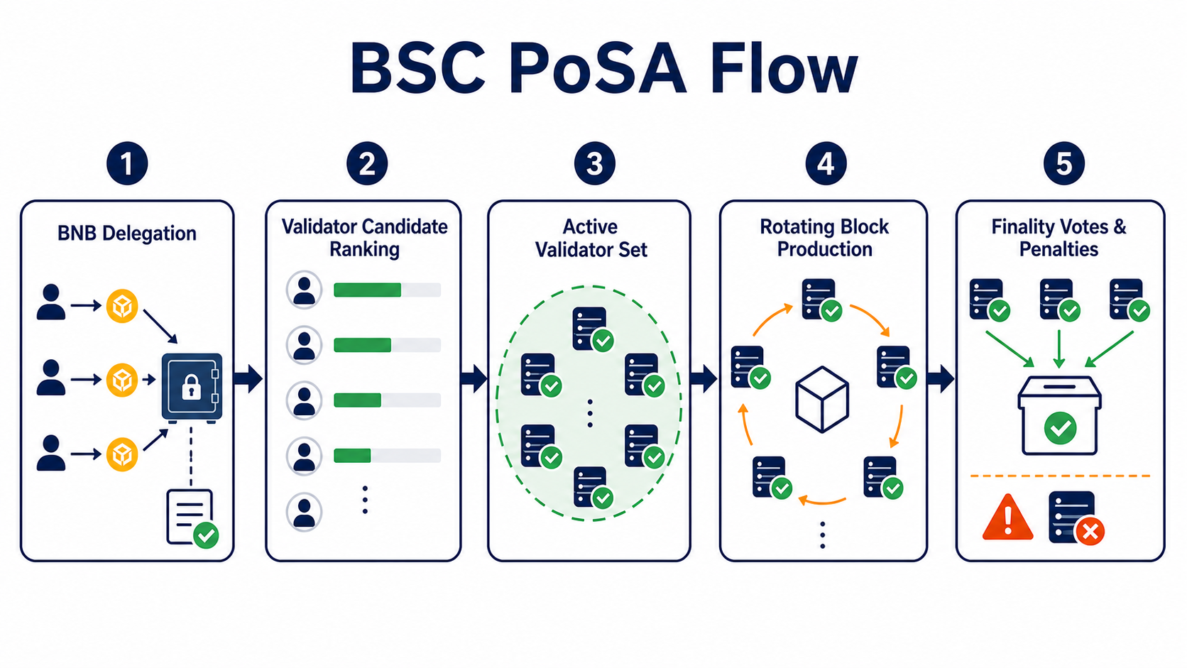 Validator election, block production, and finality flow under BNB Smart Chain's PoSA