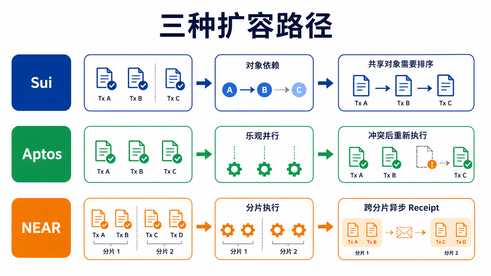 Sui、Aptos 与 NEAR 处理独立交易和冲突状态时的执行路径