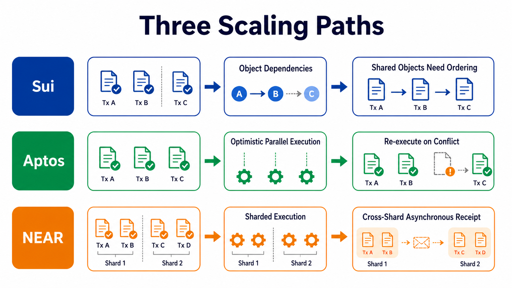 Execution paths Sui, Aptos and NEAR take for independent transactions and conflicting state