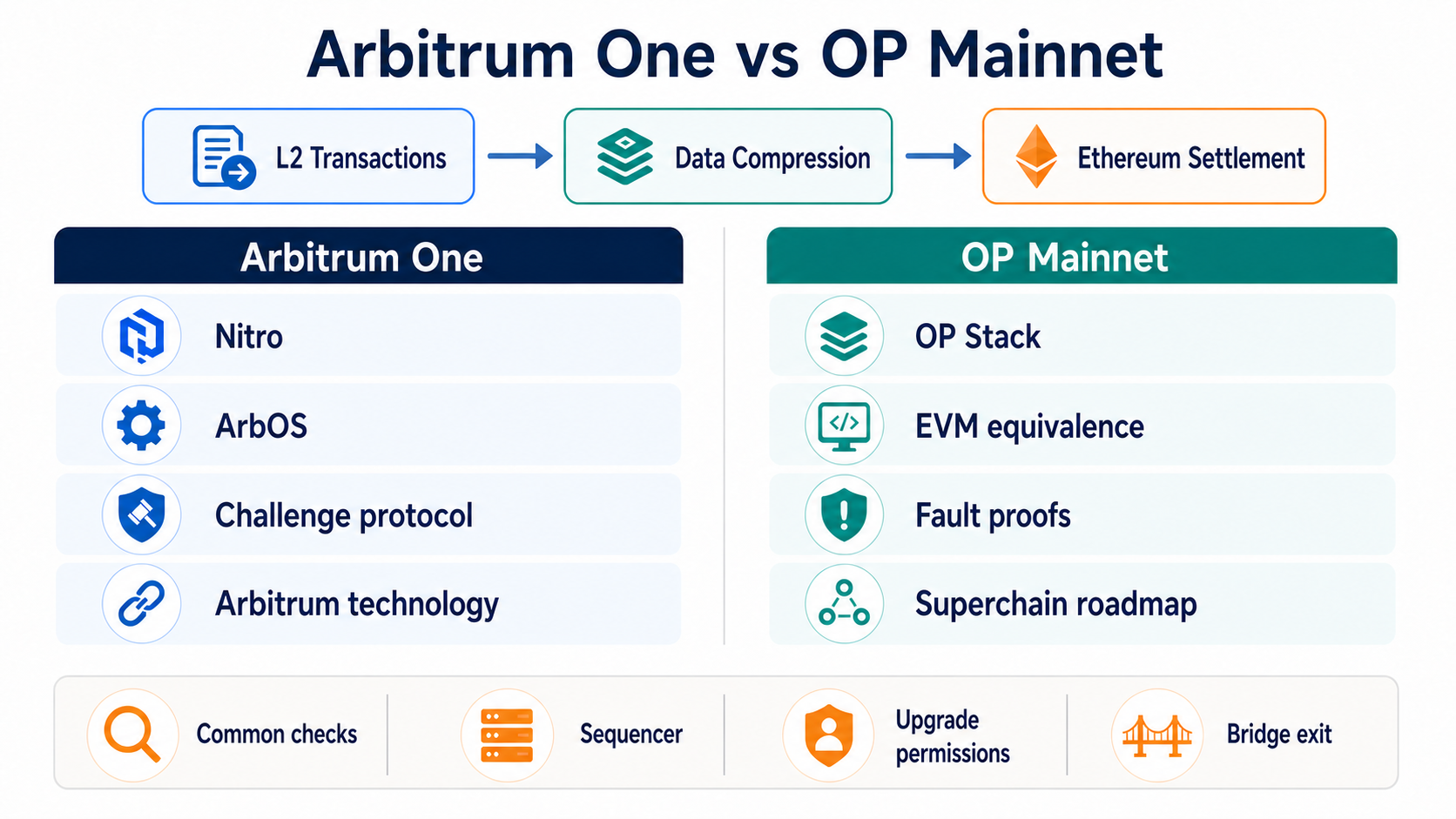 A comparison of Arbitrum and Optimism across execution, dispute handling, and multichain stacks