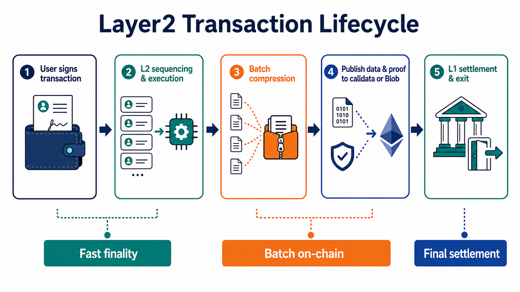 How a Layer 2 transaction moves from user submission through sequencing and execution to data publication and settlement on Ethereum