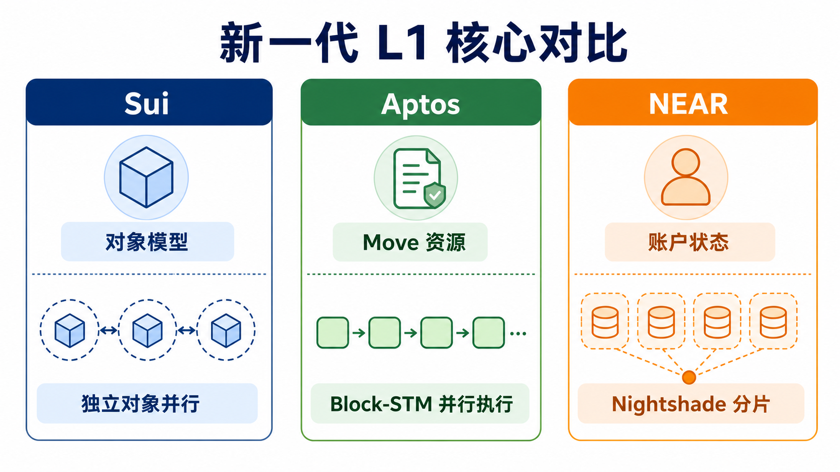 Sui 对象模型、Aptos Block-STM 与 NEAR Nightshade 的核心差异