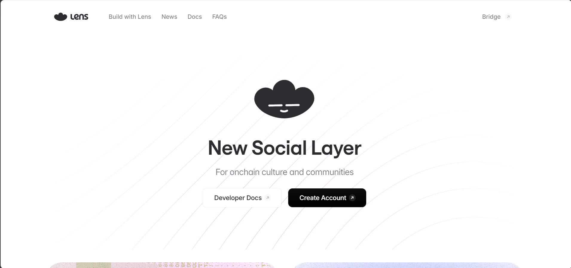 The Lens Protocol homepage showing the New Social Layer headline with developer docs and account creation entry points