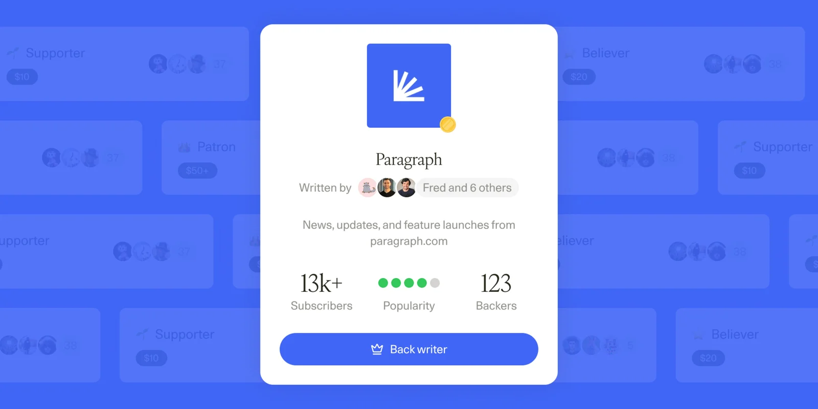 A Paragraph creator page showing subscribers, backers and membership tiers