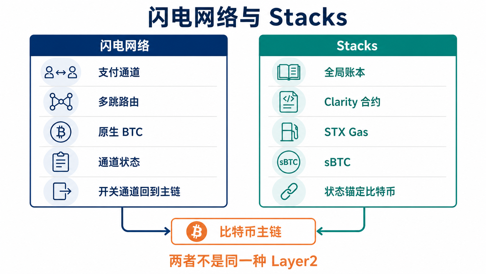 閃電網絡支付通道與 Stacks 智能合約層在比特幣之上的不同架構