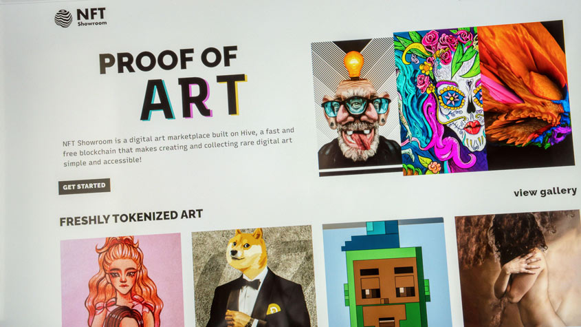 An NFT digital art marketplace homepage showcasing freshly tokenized works