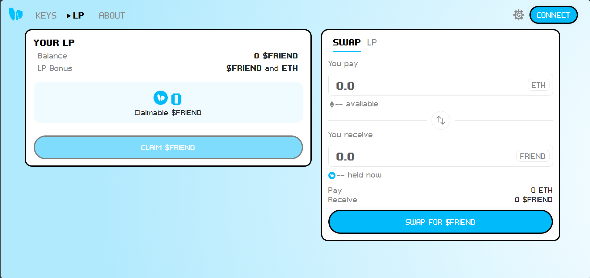 The friend.tech LP page and FRIEND swap interface