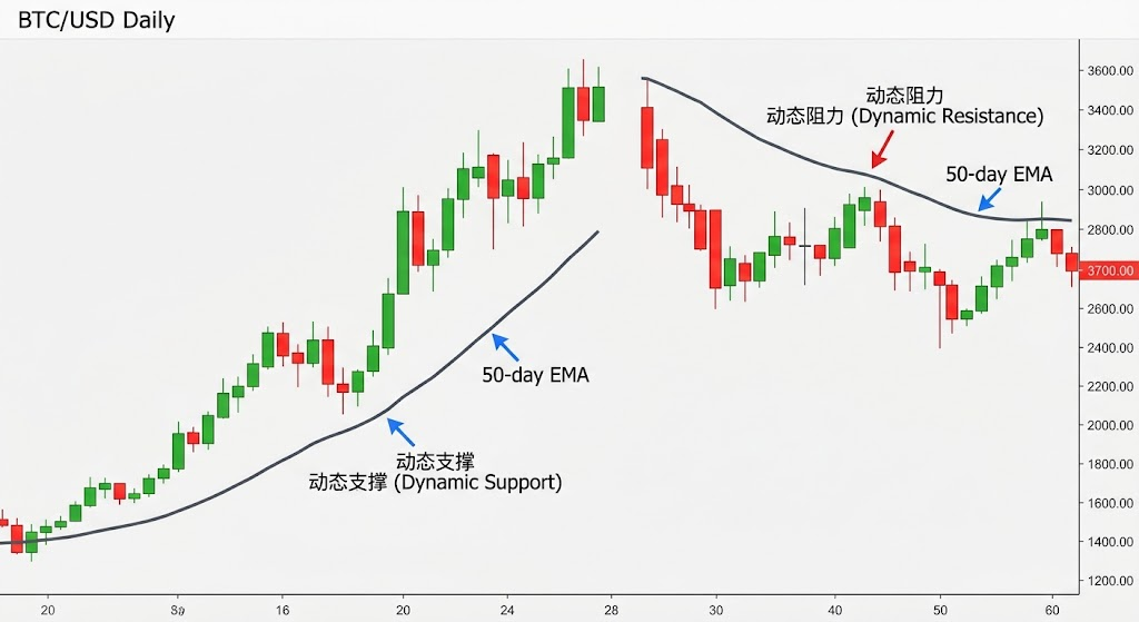 BTC/USD 50日EMA动态支撑与阻力示例
