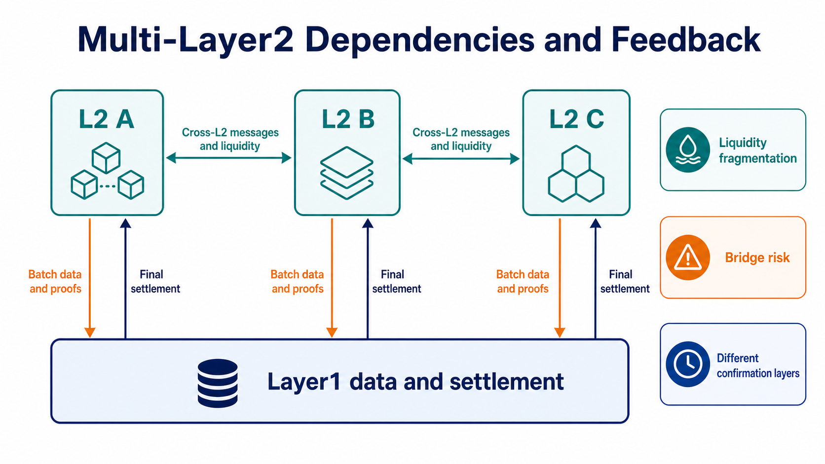 Relationship in which Layer2 networks depend on Layer1 settlement while bridges and liquidity create feedback loops among multiple Layer2 networks