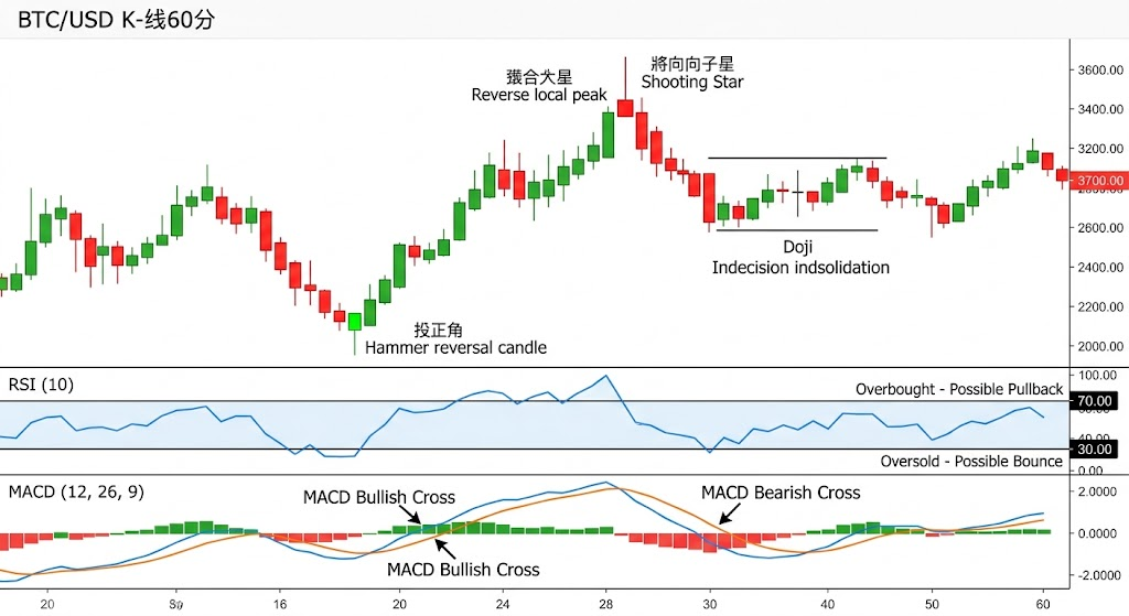 BTC/USD K线形态、RSI与MACD示例