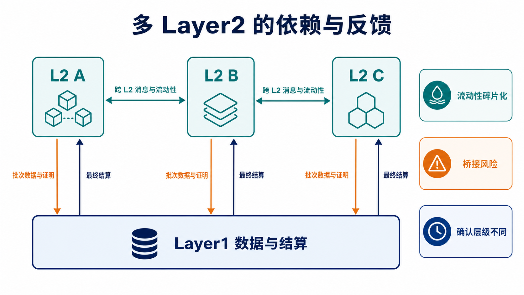 Layer2 依赖 Layer1 结算,同时多条 L2 之间产生桥接和流动性反馈的关系
