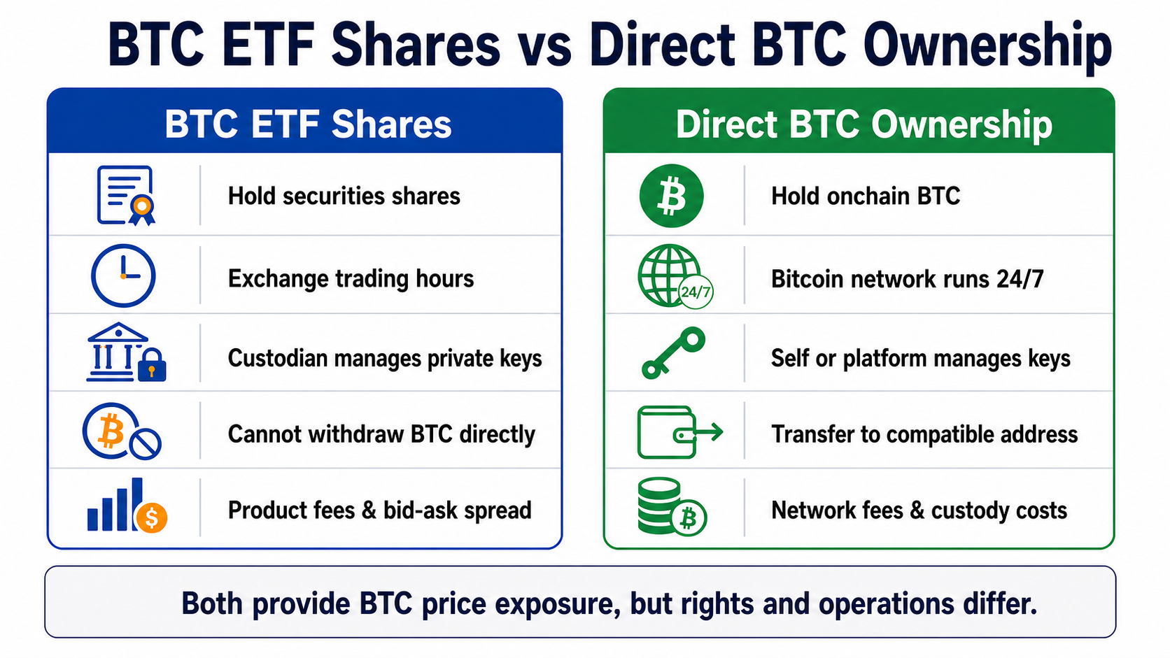 Differences between spot Bitcoin ETF shares and directly held Bitcoin in trading, custody, and asset rights