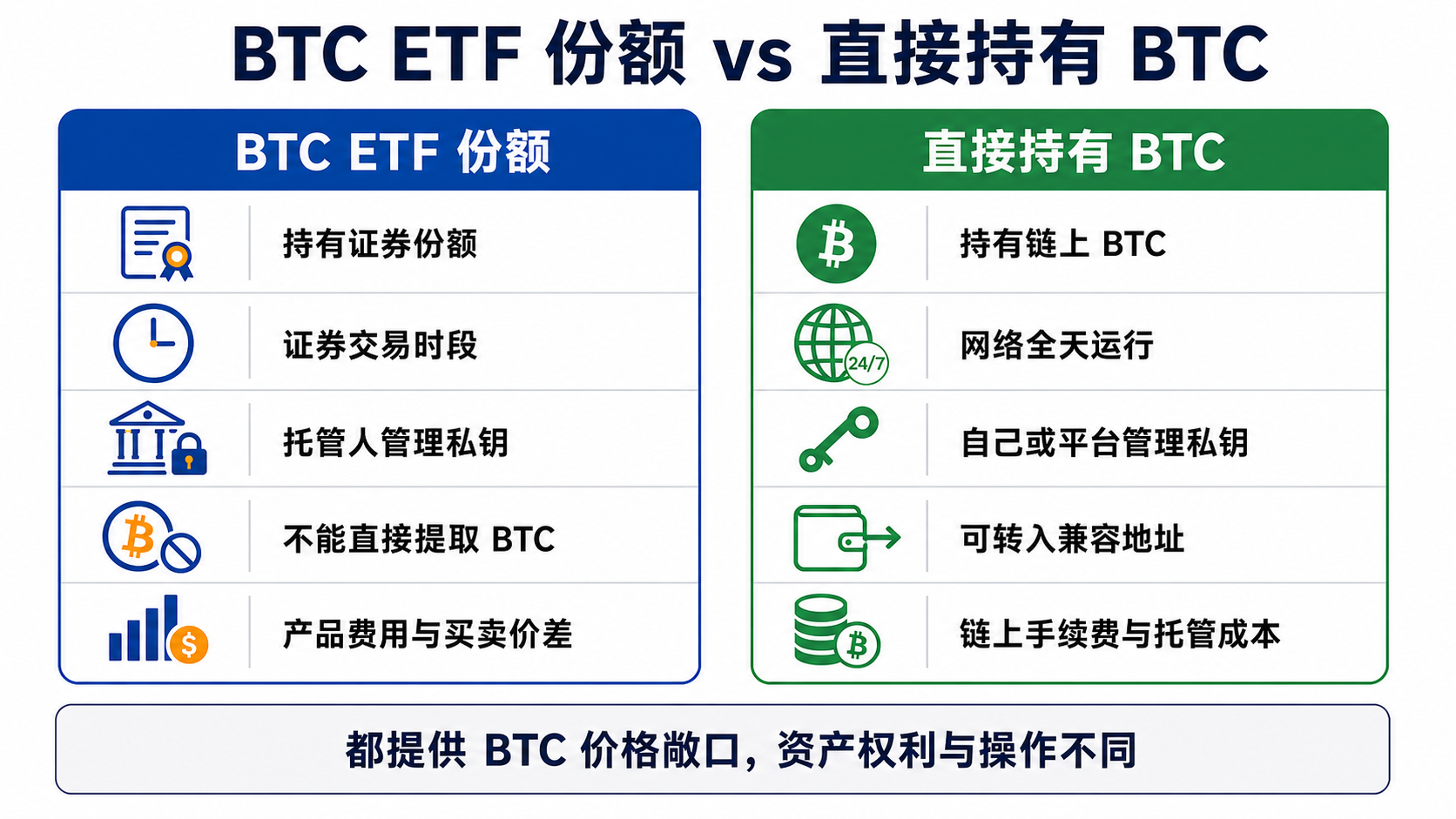 BTC 現貨 ETF 份額與直接持有比特幣在交易、託管和資產權利上的區別