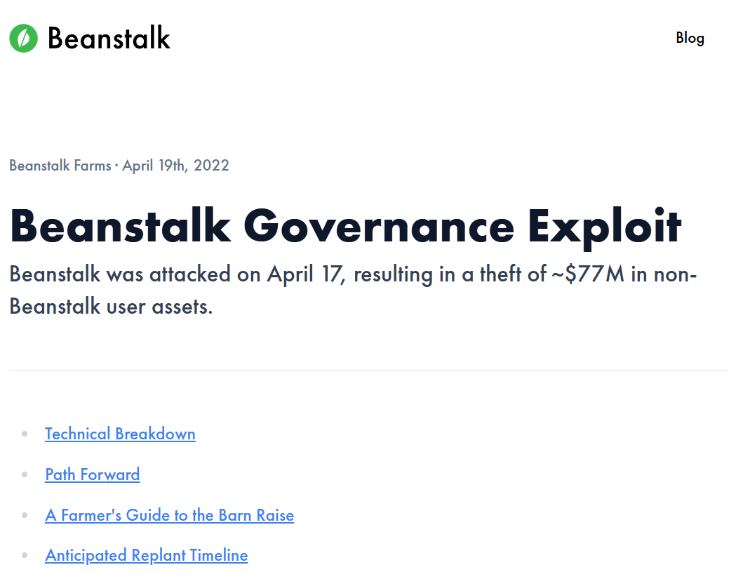 Beanstalk governance exploit disclosure page