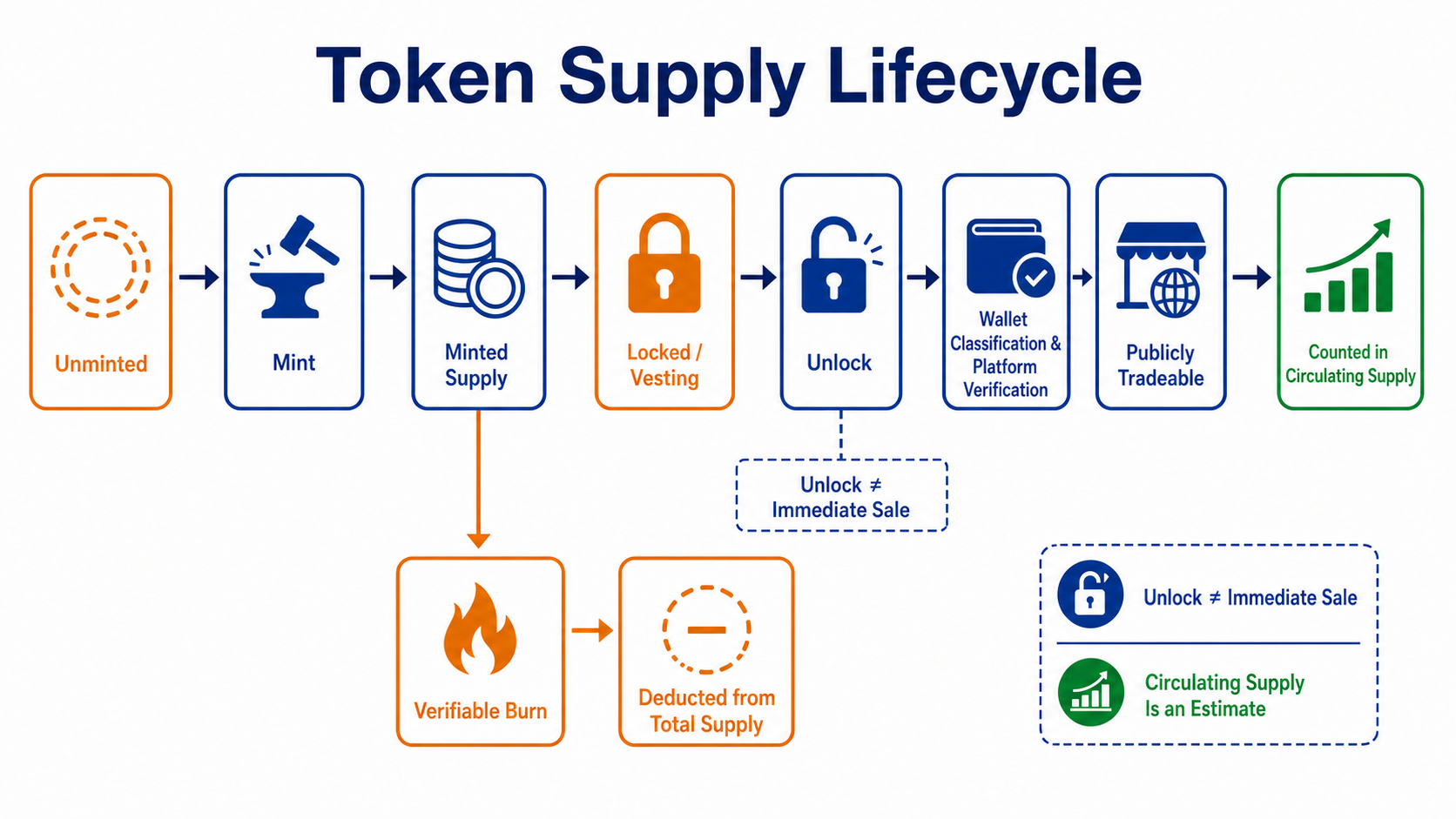 How tokens move from minting and locking into circulating supply