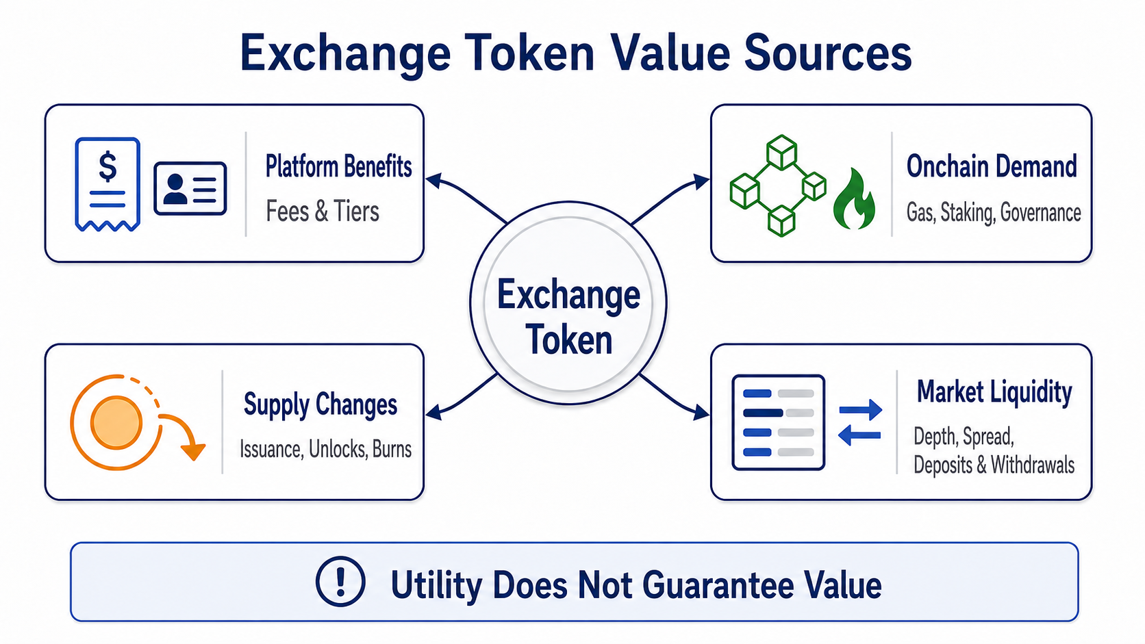 How platform benefits, on-chain demand, supply changes, and liquidity transmit value to exchange tokens