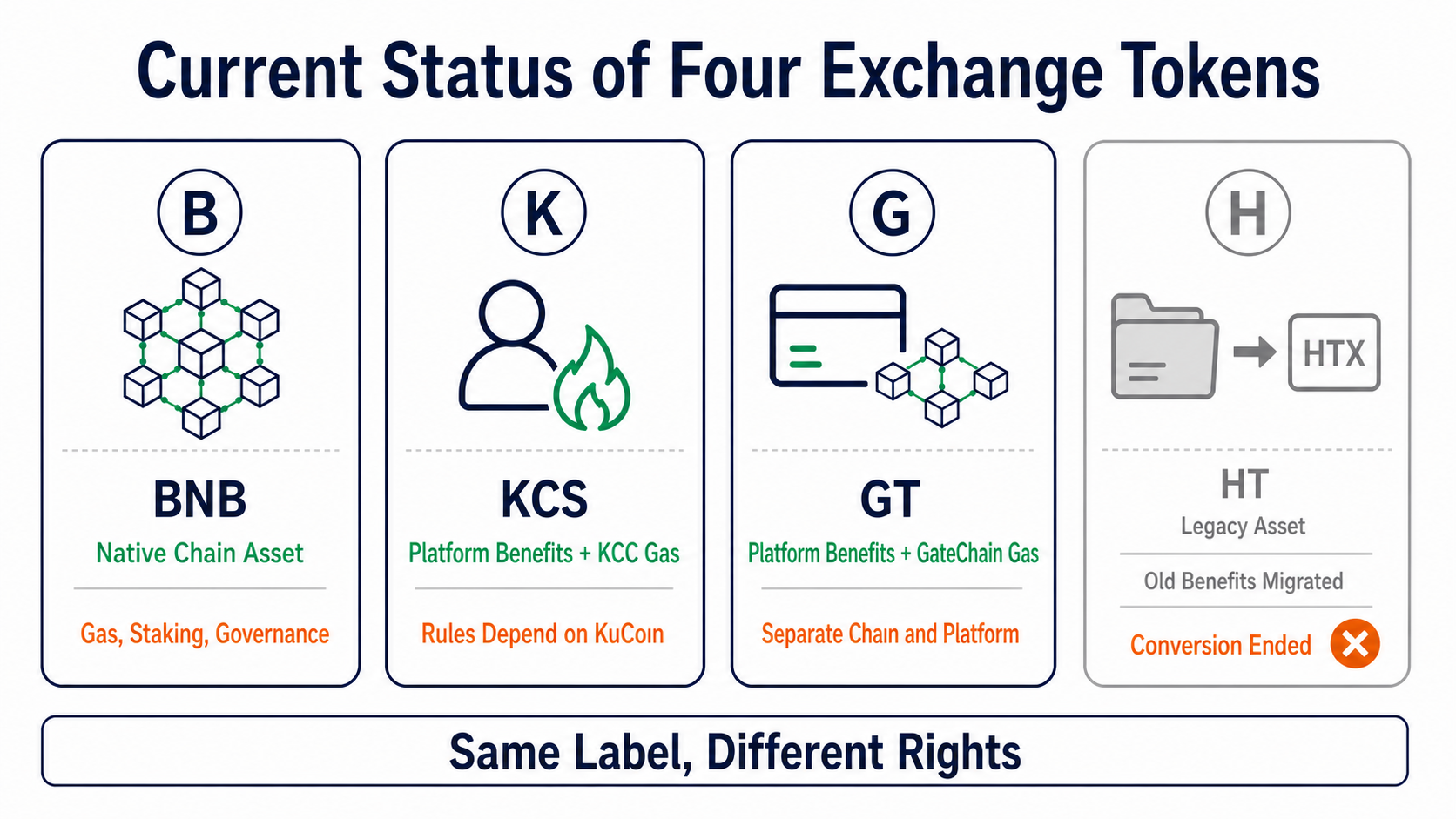 Comparison of BNB, KCS, GT, and HT by on-chain utility, platform benefits, supply mechanisms, and current status