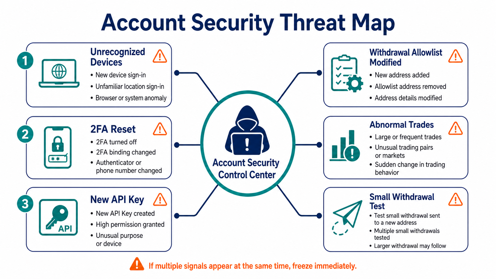 Map of account intrusion signals across logins, email, permissions, trades, and withdrawals