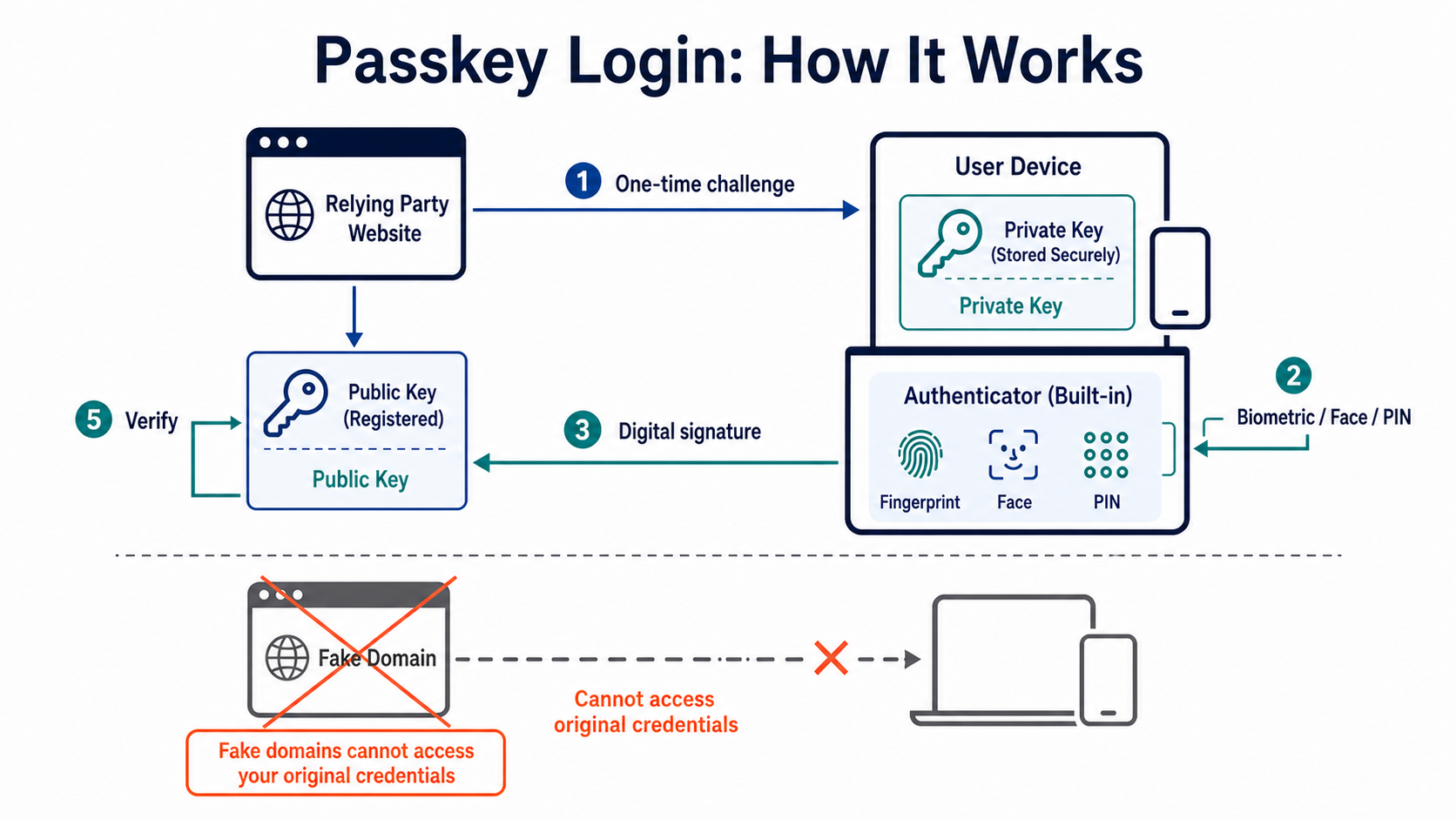 A Passkey login in which the website stores the public key while the device keeps the private key and signs after local unlock