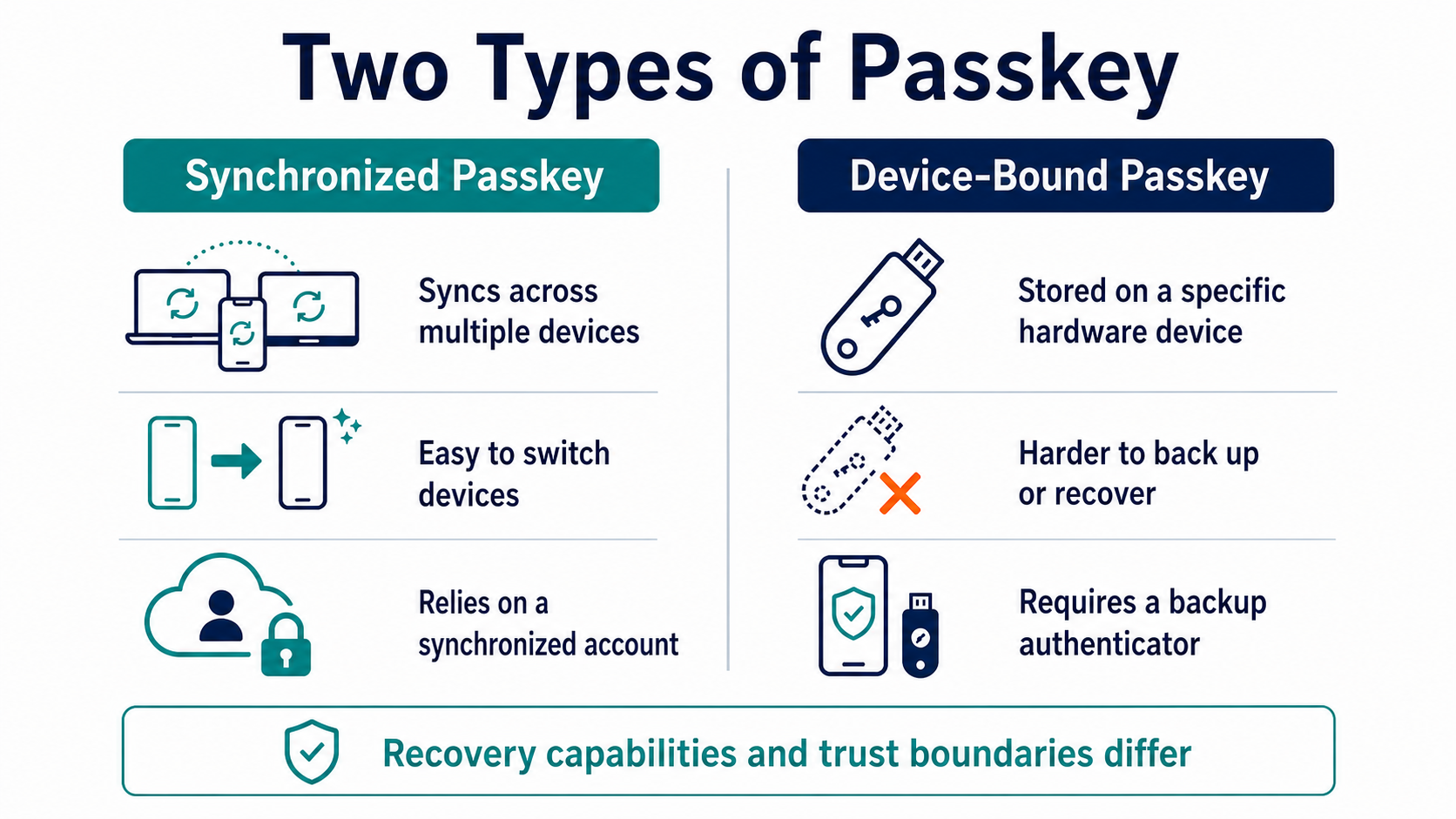 Differences between synced and device-bound Passkeys for device replacement, backup, and recovery