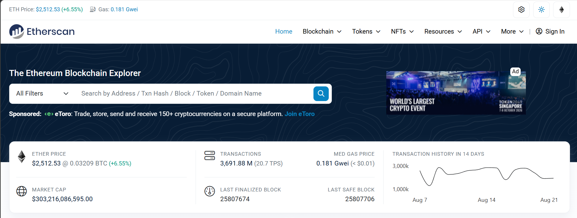 Etherscan 以太坊区块链浏览器首页
