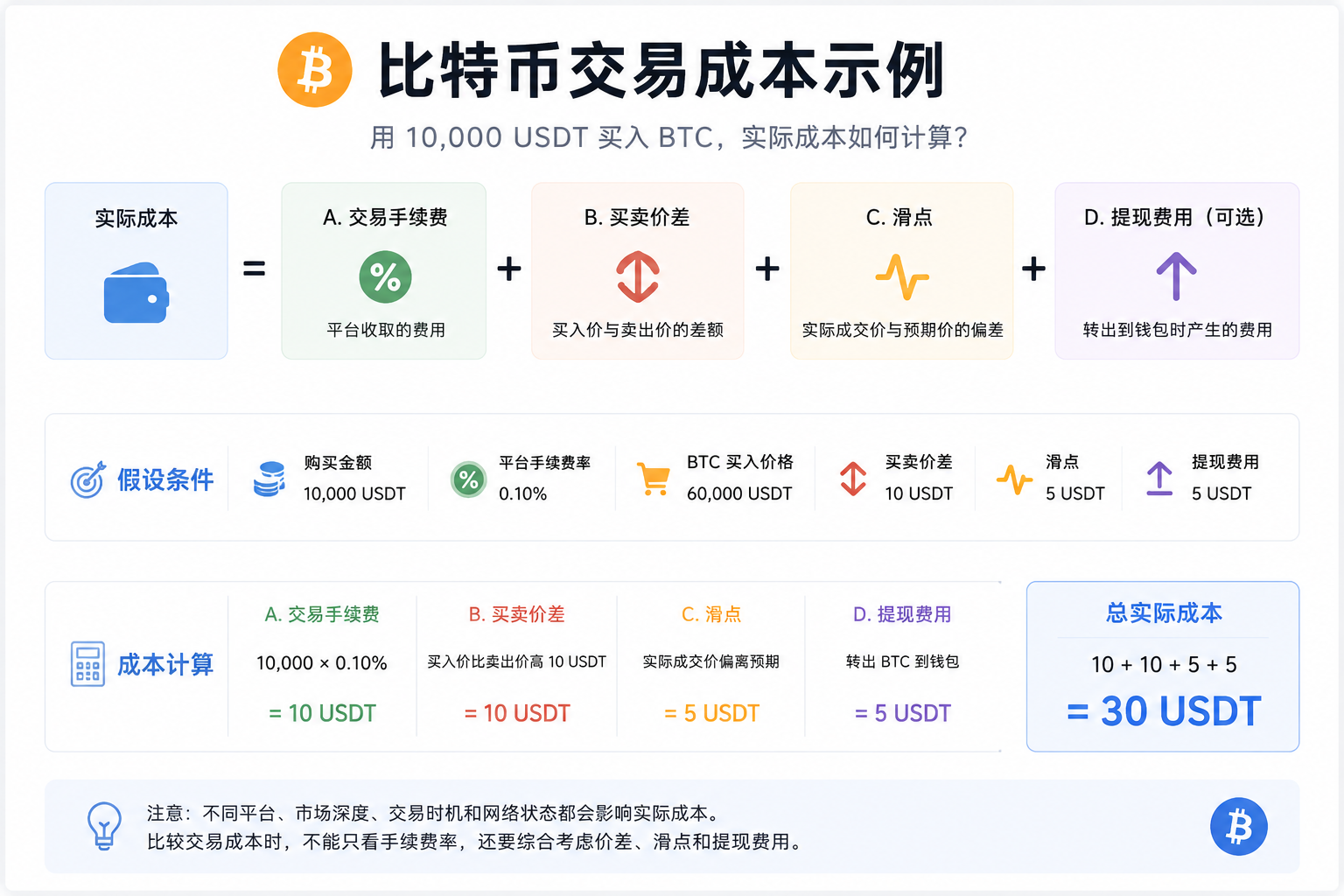 Example calculation of the true cost of a Bitcoin trade