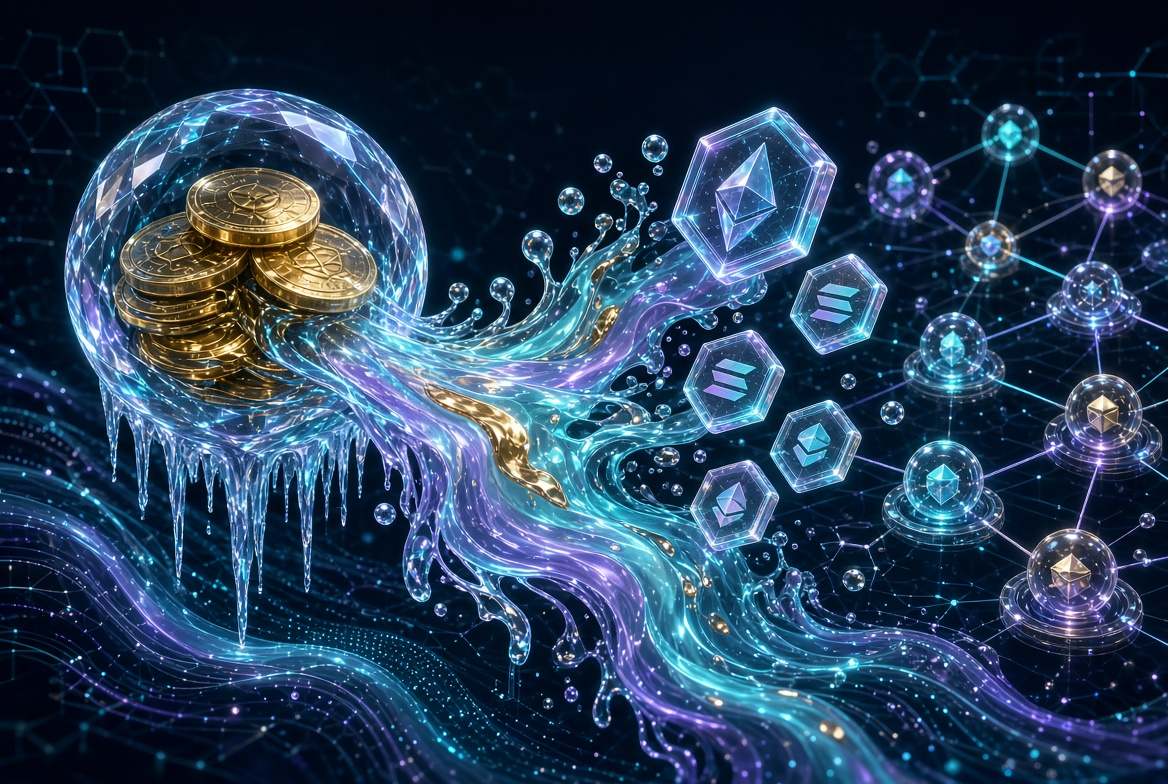 Illustration: staked assets staying liquid and moving into restaking