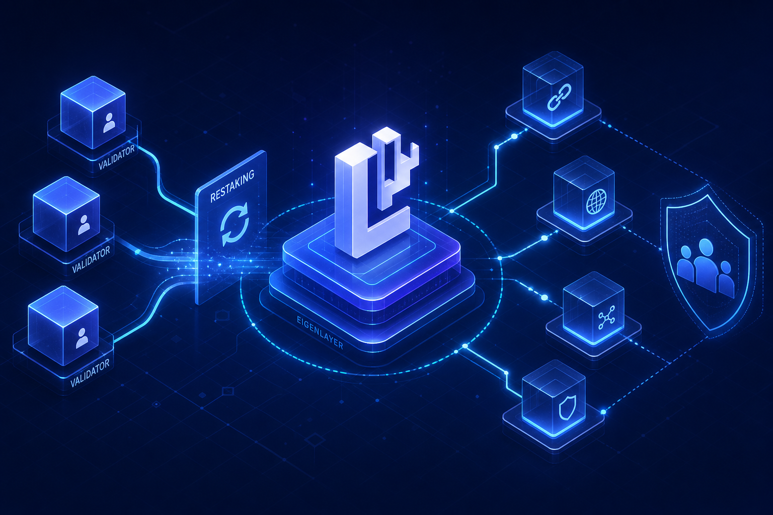 Diagram of EigenLayer shared security: validators securing multiple services through restaking